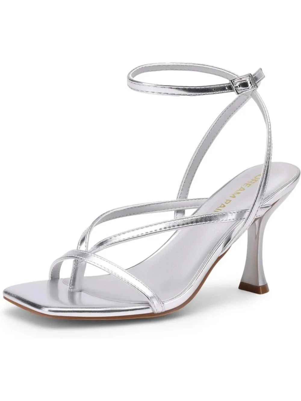 Women's Silver Faux Leather Square Open Toe Flip Flop Ankle Strap High Heels